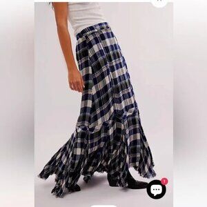 Free People Bordeaux Plaid Maxi Skirt Womens XS Boho Blue Rustic Casual Hippie